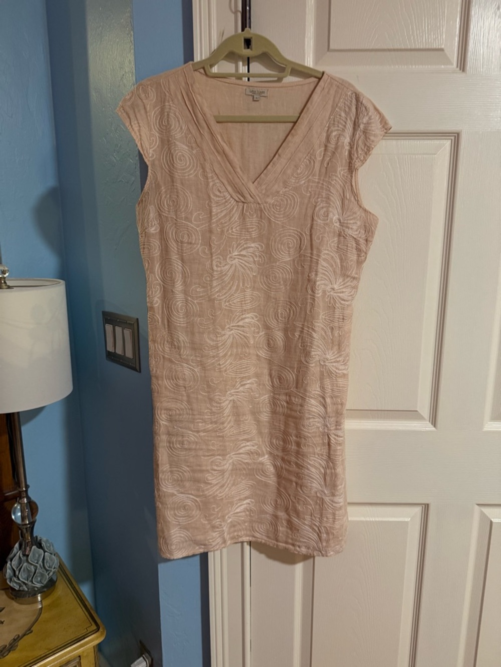 Lina Tomei 100% Italian linen Blush Pink V-Neck Cap Sleeve Dress size L